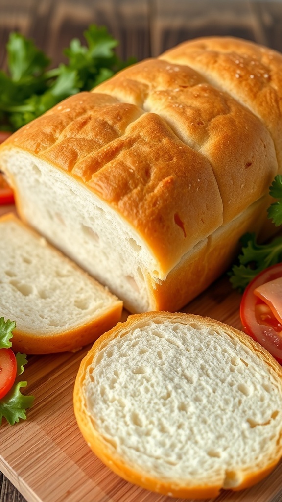 Homemade Jimmy John A loaf of soft sandwich bread sliced on a wooden board, surrounded by fresh sandwich ingredients.
